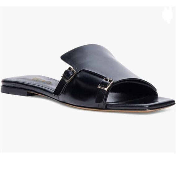 FOWT Black Double Buckle Square Open Toe Strap Slip On Sliders Beach Flat Sandal - Picture 1 of 8